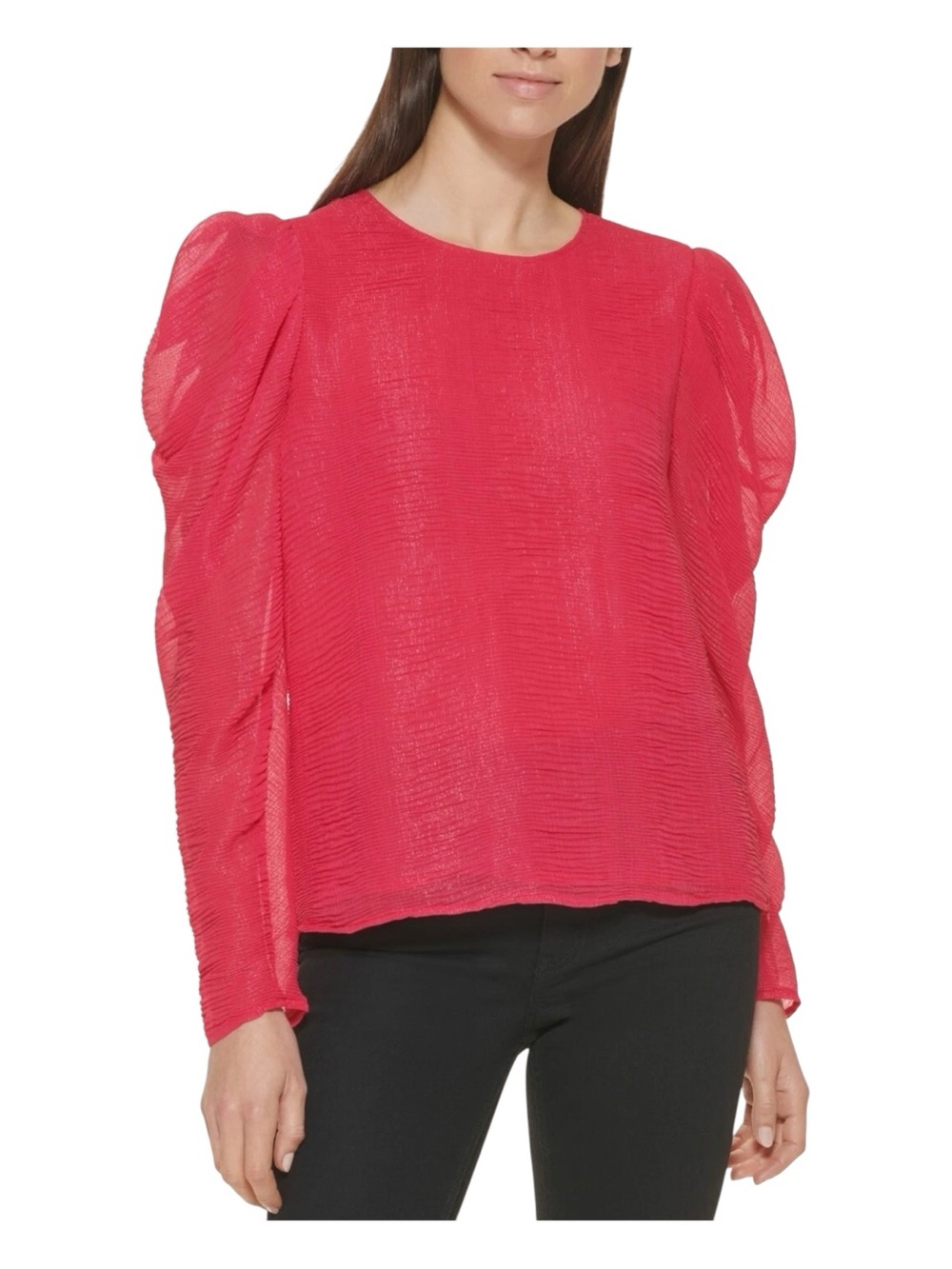 NWT Calvin Klein Lipstick Chiffon Sheer Puff-Sleeve Textured Blouse Sz L